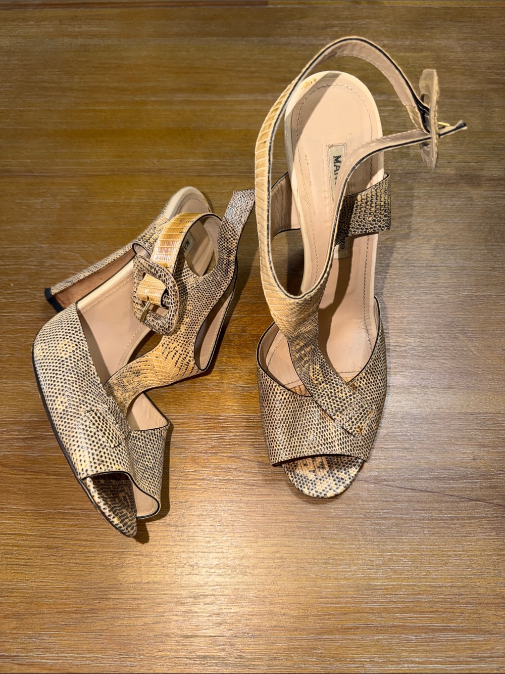 Manolo Blahnik Leather Animal Print T-Strap Sandals